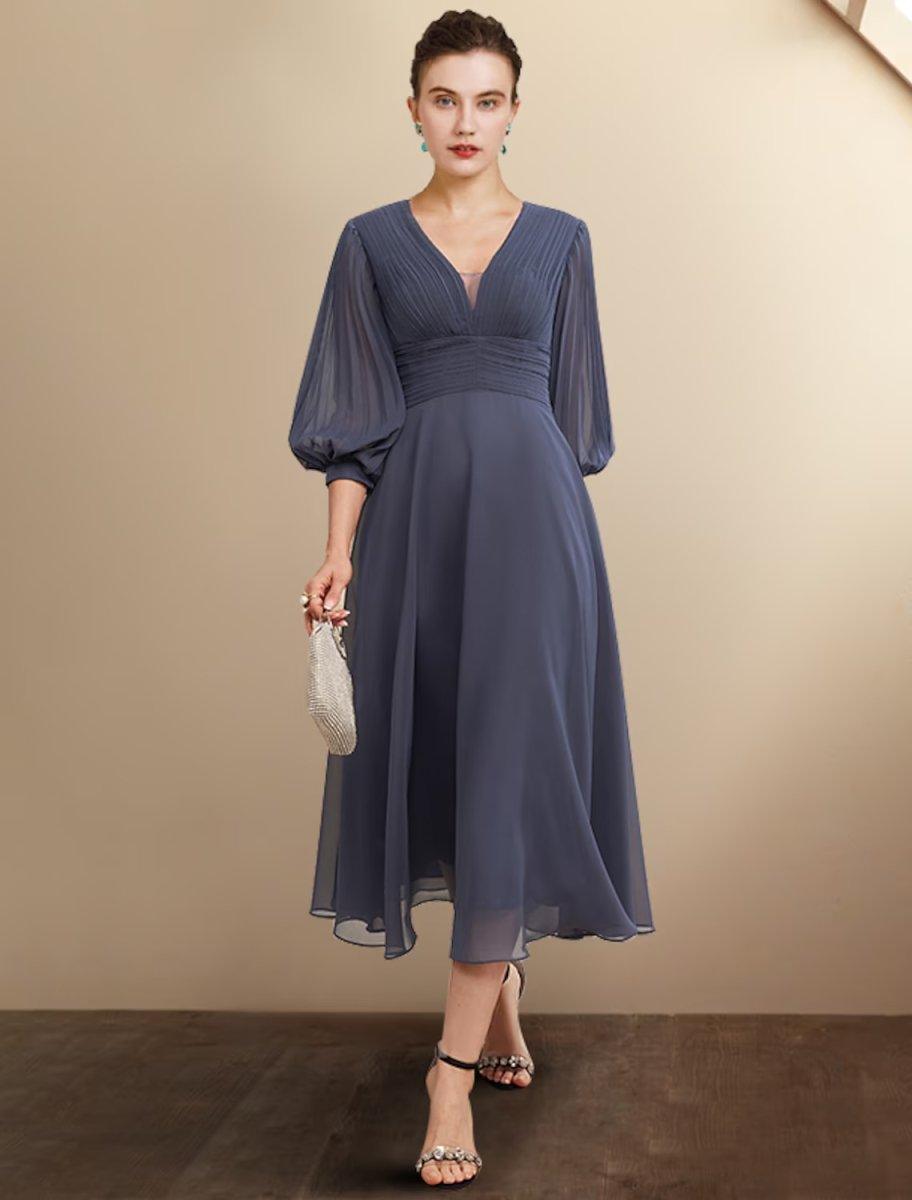 NumberSea-A-Line Mother of the Bride Dress Plus Size Elegant V Neck Tea Length Chiffon 3/4 Length Sleeve with Pleats Ruched