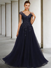 NumberSea - A - Line Mother of the Bride Dress Vintage Elegant V Neck Floor Length Tulle Sequined Cap Sleeve with Sequin Appliques