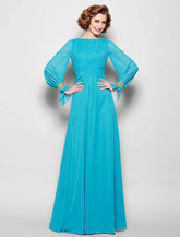 NumberSea - A - Line Mother of the Bride Dress Vintage Inspired Bateau Neck Floor Length Chiffon Long Sleeve No with Pleats