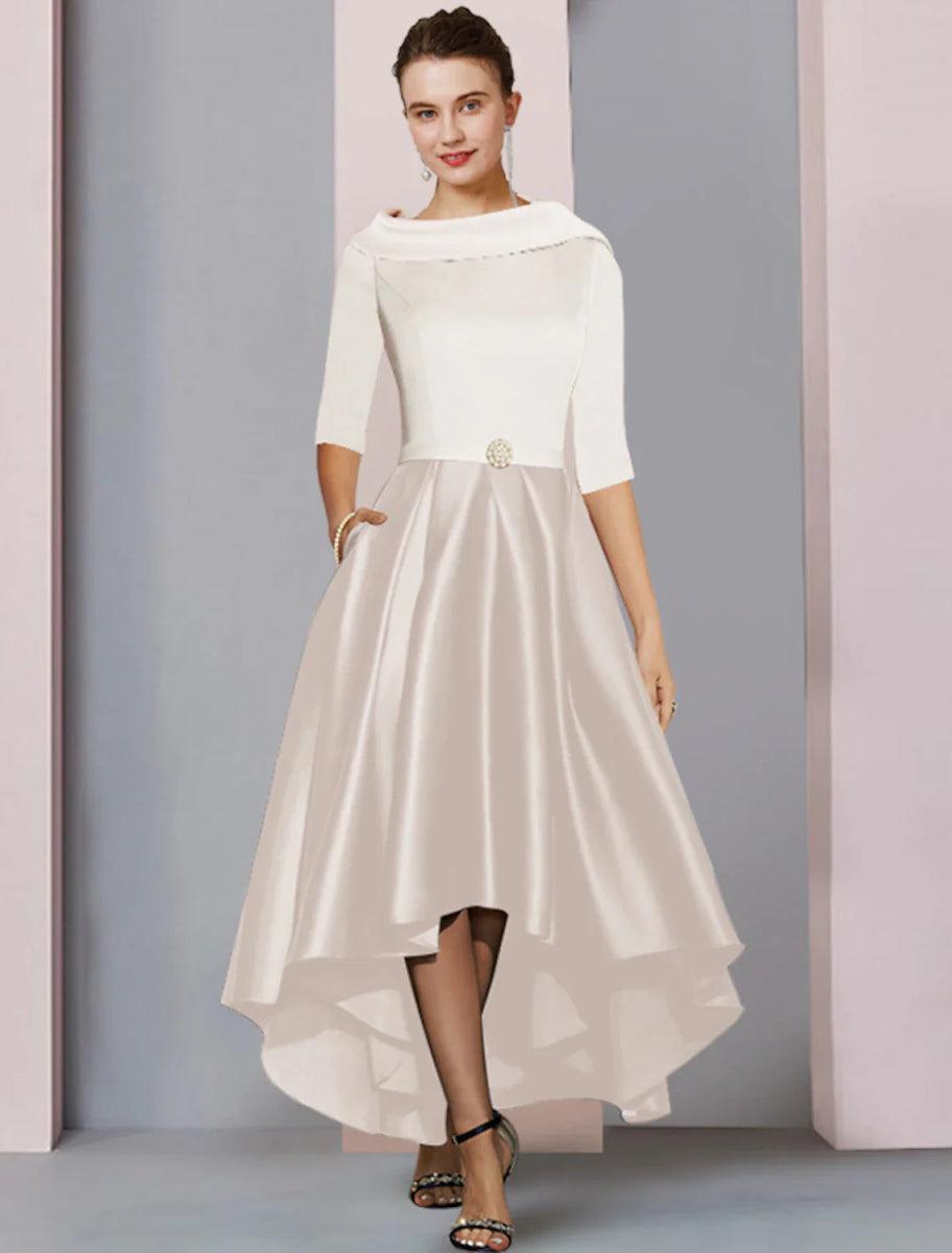 A-Line Mother of The Bride Dress Wedding Guest Elegant High Low Scoop Neck Asymmetrical Tea Length Satin Half Sleeve with Pleats Color Block, US 12 / A-Line Mother of The Bride Dress Wedding Guest Elegant High Low Scoop Neck Asymmetrical Tea Length Satin Half Sleeve with Pleats Color Block, US 12 /