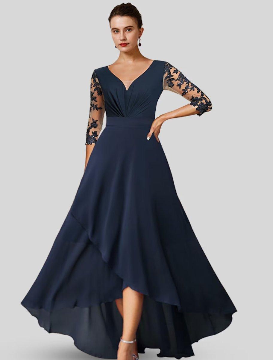 chiffon mother of the bride dresses tea length NumberSea-A-Line Mother of the Bride Dress Wedding Guest Elegant High Low V  Neck Asymmetrical Tea Length Chiffon Lace 3/4 Length Sleeve with Appliques
