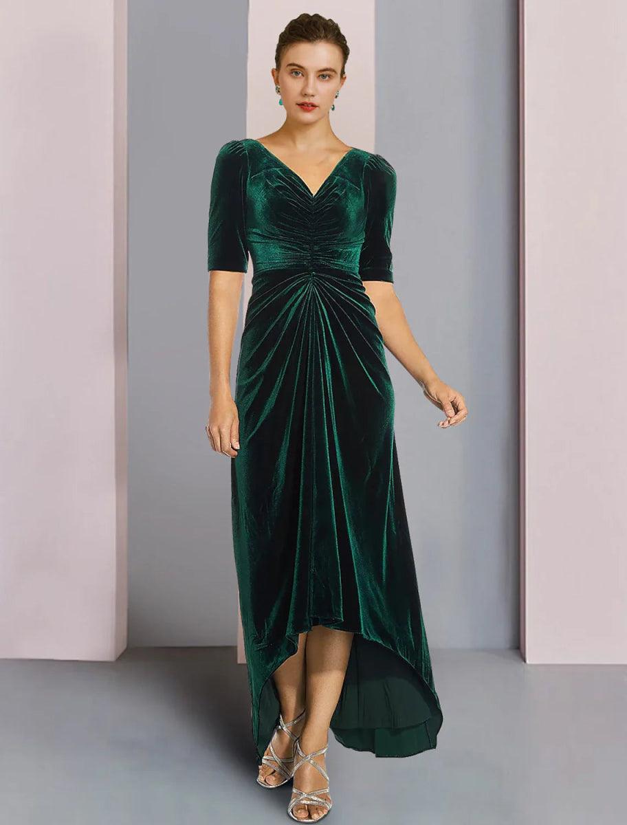 NumberSea-A-Line Mother of the Bride Dress Wedding Guest Elegant High Low V Neck Asymmetrical Tea Length Velvet Short Sleeve with Ruched