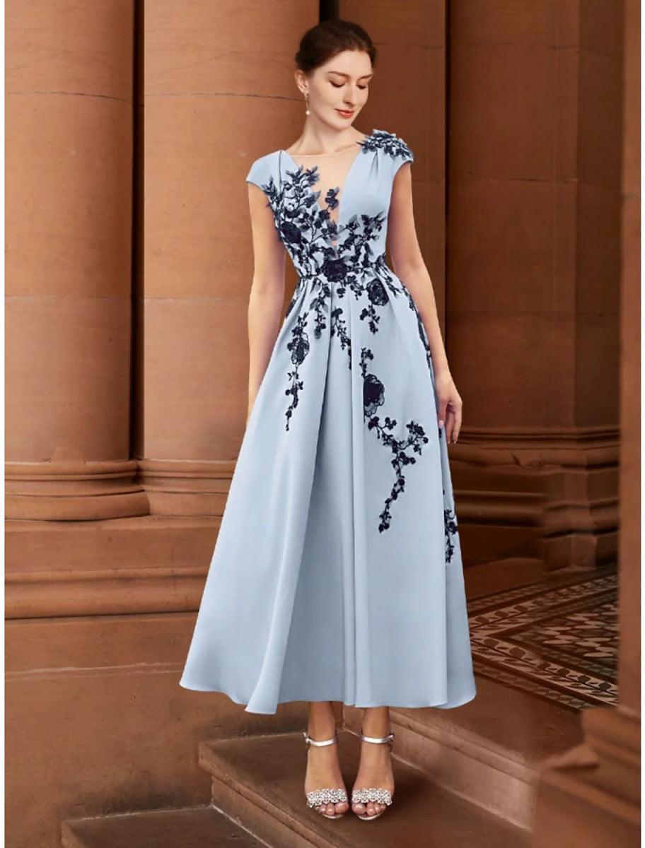 NumberSea-A-Line Mother of the Bride Dress Wedding Guest Elegant Illusion Neck Ankle Length Stretch Chiffon Cap Sleeve with Appliques Ruching