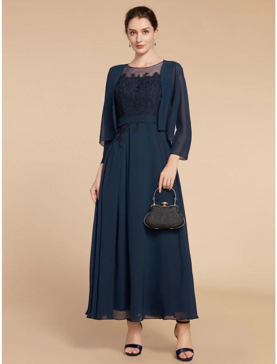 NumberSea-A-Line Mother of the Bride Dress Wedding Guest Elegant Jewel Neck Ankle Length Chiffon Lace Long Sleeve with Ruching Solid Color NumberSea-A-Line Mother of the Bride Dress Wedding Guest Elegant Jewel Neck Ankle Length Chiffon Lace Long Sleeve with Ruching Solid Color