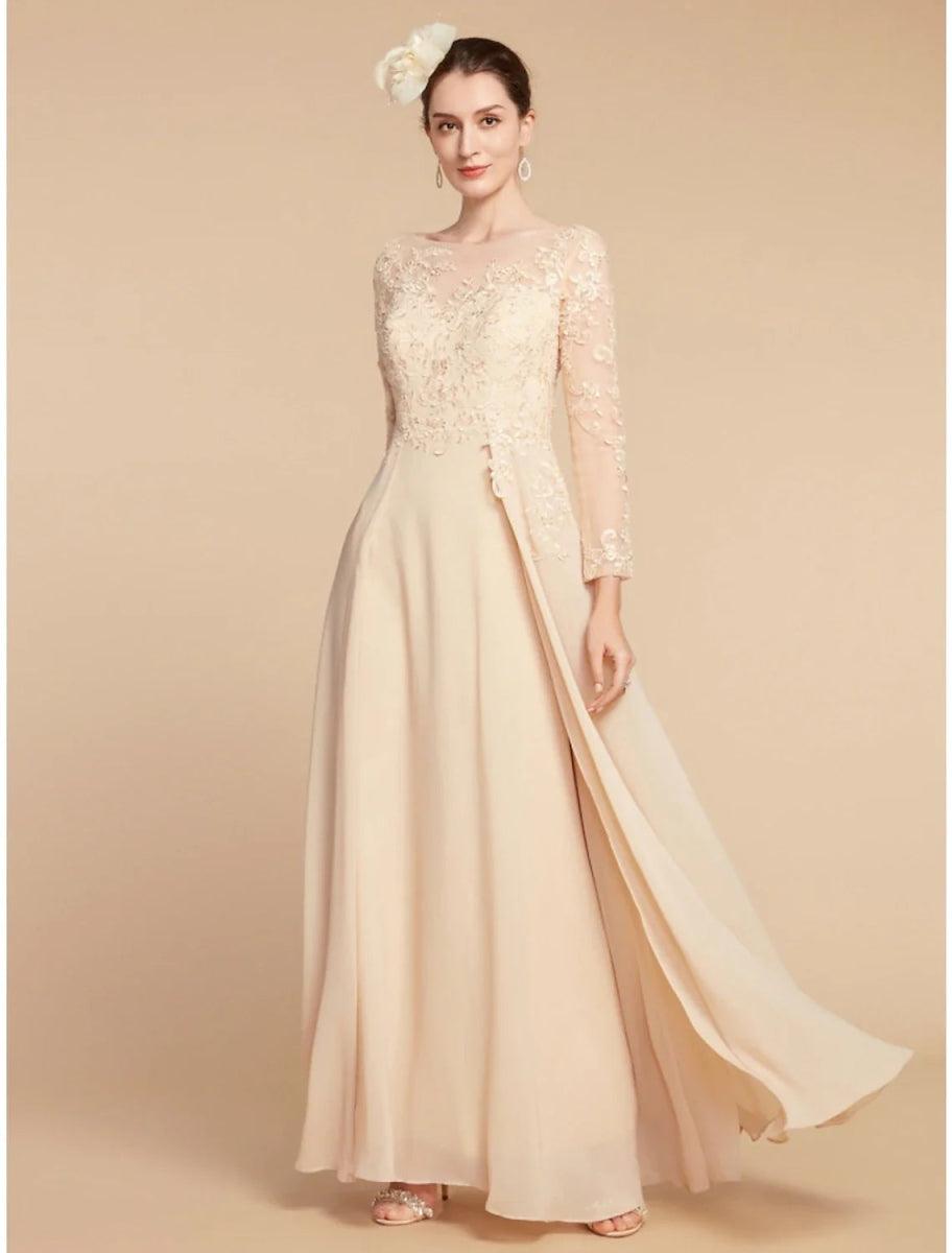 NumberSea-A-Line Mother of The Bride Dress Wedding Guest Elegant Jewel Neck Ankle Length Chiffon Lace Long Sleeve with Ruching Solid Color US 12 / UK