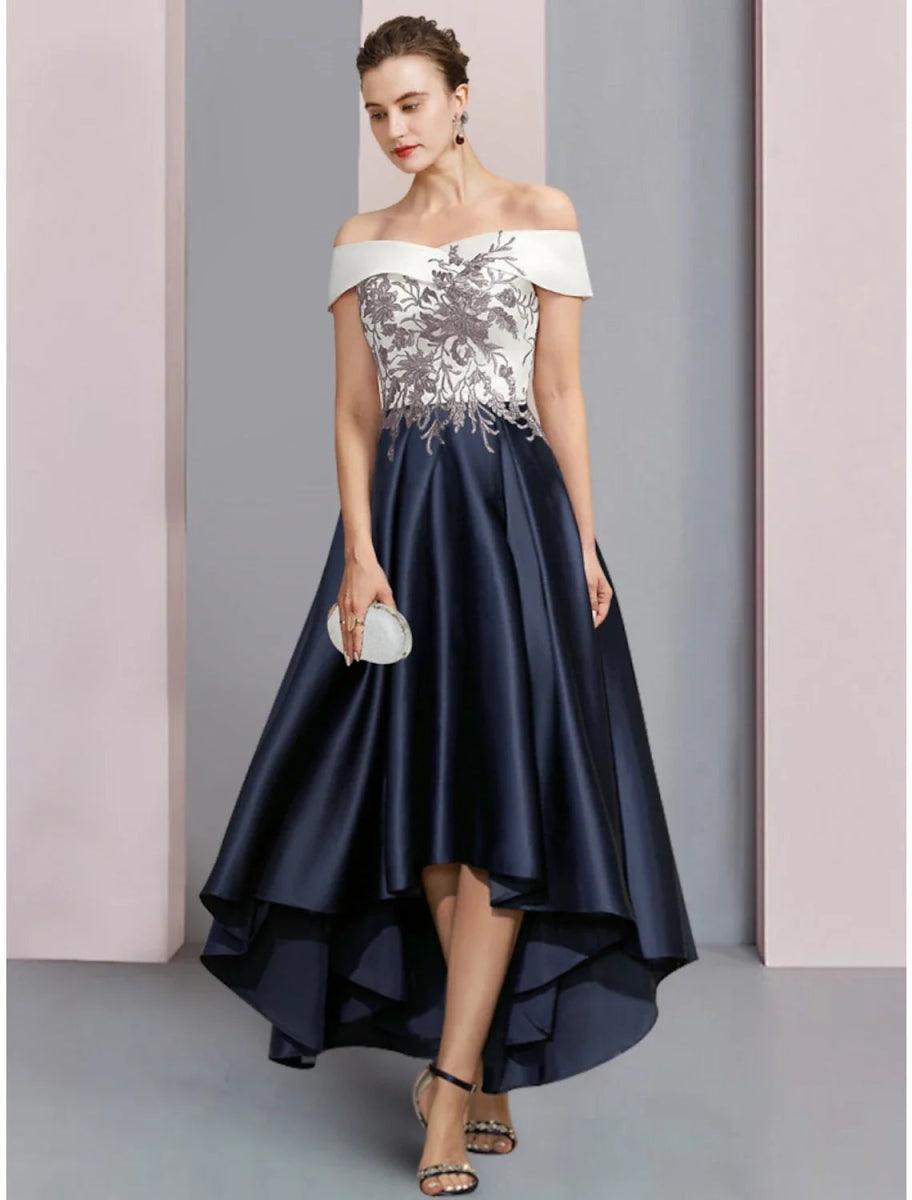 A-Line Mother of the Bride Dress Wedding Guest Elegant Off Shoulder Asymmetrical Ankle Length Satin Lace Short Sleeve with Ruching A-Line Mother of the Bride Dress Wedding Guest Elegant Off Shoulder Asymmetrical Ankle Length Satin Lace Short Sleeve with Ruching