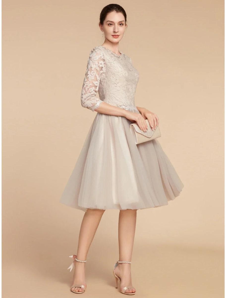 A-Line Mother of the Bride Dress Wedding Guest Elegant Petite Jewel Neck Knee Length Chiffon Lace 3/4 Length Sleeve with Pleats Sequin A-Line Mother of the Bride Dress Wedding Guest Elegant Petite Jewel Neck Knee Length Chiffon Lace 3/4 Length Sleeve with Pleats Sequin