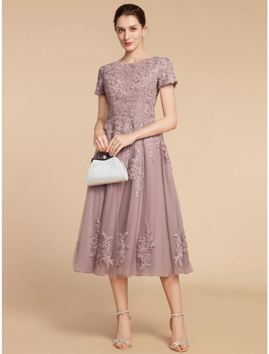 NumberSea-A-Line Mother of the Bride Dress Wedding Guest Elegant Petite Jewel Neck Tea Length Lace Tulle Short Sleeve with Ruching Flower NumberSea-A-Line Mother of the Bride Dress Wedding Guest Elegant Petite Jewel Neck Tea Length Lace Tulle Short Sleeve with Ruching Flower