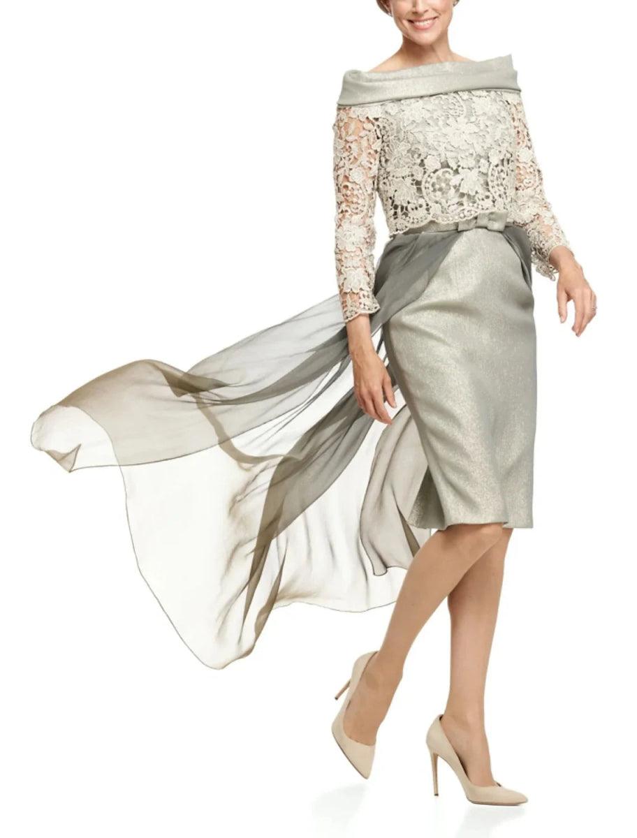 NumberSea-A-Line Mother of the Bride Dress Wedding Guest Elegant Petite Scoop Neck Knee Length Satin Long Sleeve with Lace Bow(s) Ruching NumberSea-A-Line Mother of the Bride Dress Wedding Guest Elegant Petite Scoop Neck Knee Length Satin Long Sleeve with Lace Bow(s) Ruching