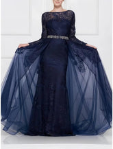 NumberSea - A - Line Mother of the Bride Dress Wedding Guest Elegant Scoop Neck Sweep / Brush Train Tulle Long Sleeve with Lace Crystals Ruching