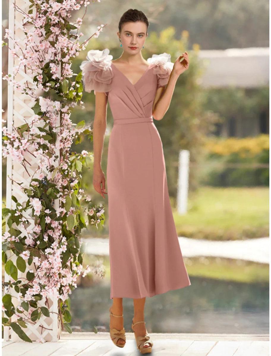 ankle length dress for wedding guest A-Line Mother of the Bride Dress Wedding Guest Elegant V Neck Ankle Length Satin Short Sleeve with Cascading Ruffles Ruching, US 14 / UK 18 / EU 44