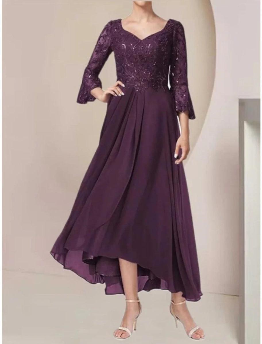 NumberSea-A-Line Mother of the Bride Dress Wedding Guest Elegant V Neck Asymmetrical Ankle Length Chiffon Lace 3/4 Length Sleeve with Pleats Sequin Solid Color NumberSea-A-Line Mother of the Bride Dress Wedding Guest Elegant V Neck Asymmetrical Ankle Length Chiffon Lace 3/4 Length Sleeve with Pleats Sequin Solid Color