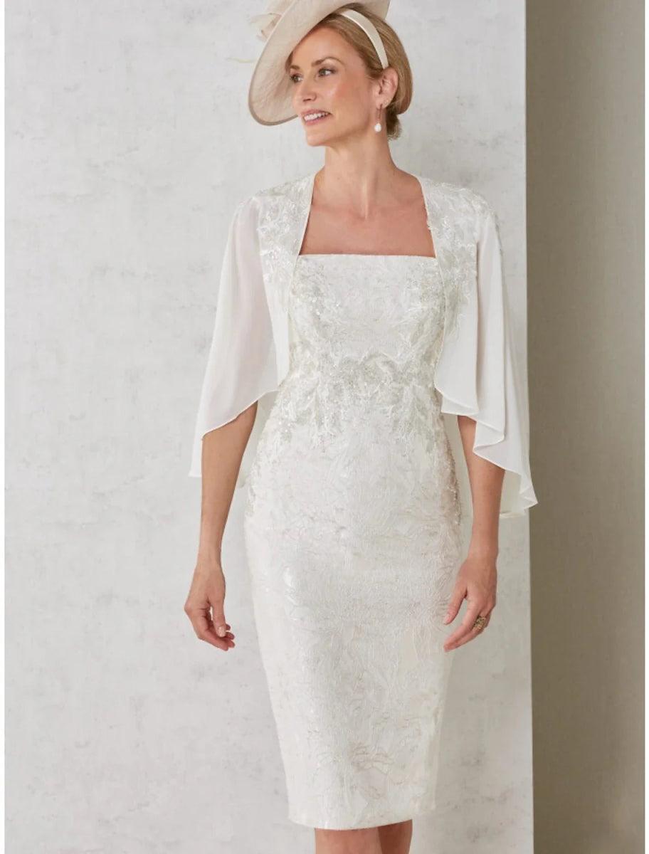 NumberSea-A-Line Mother of the Bride Dress Wedding Guest Little White Dresses Petite Square Neck Knee Length Chiffon Half Sleeve with Ruching Solid Color