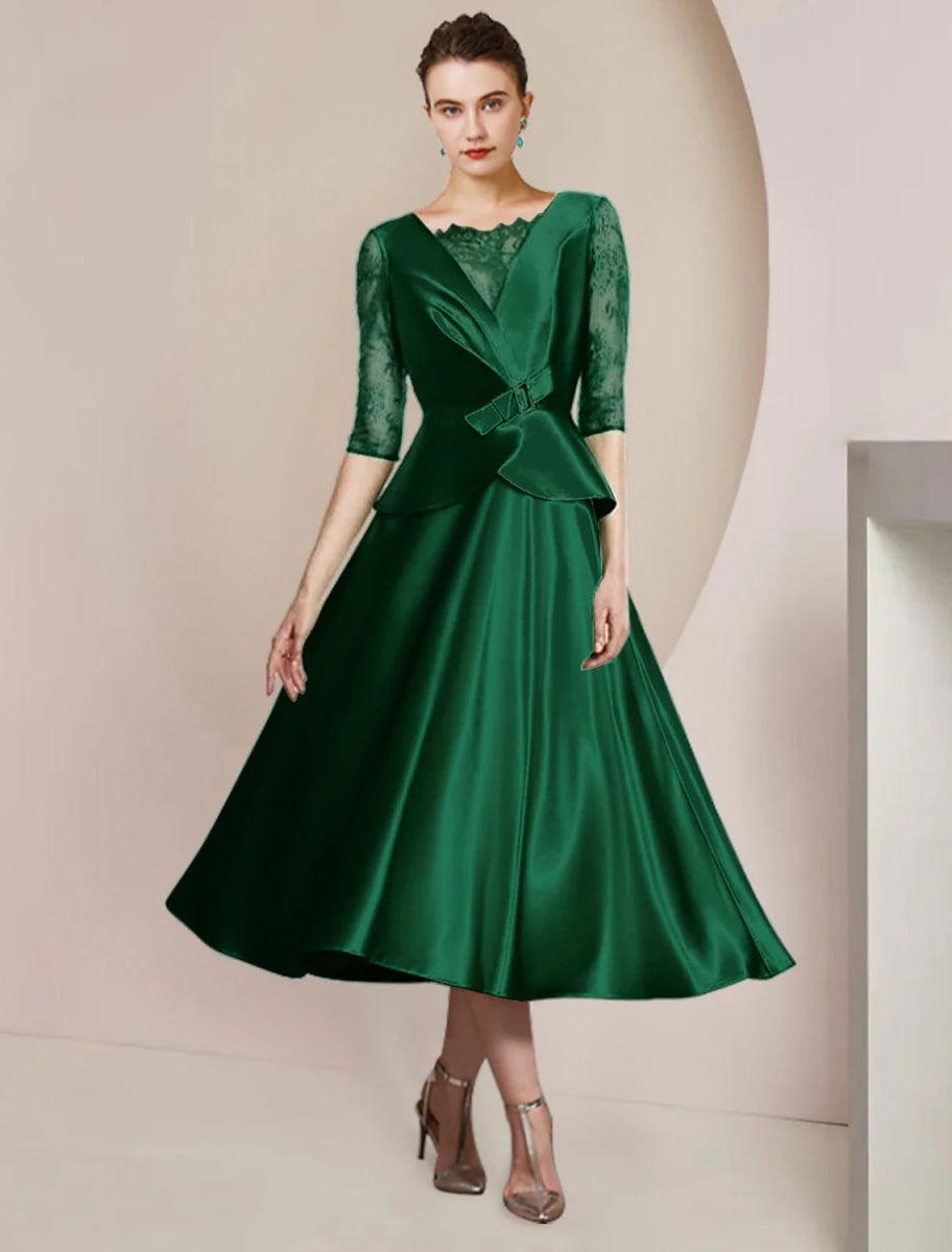 tea length elegant mother of the bride dresses NumberSea-A-Line Dress Wedding Guest Party Scoop Neck Satin Lace Half Sleeve with Bow(s) Ruching RS-07.05.24AM 3 Ways To Wear Select your size:8 Length;Silhouette