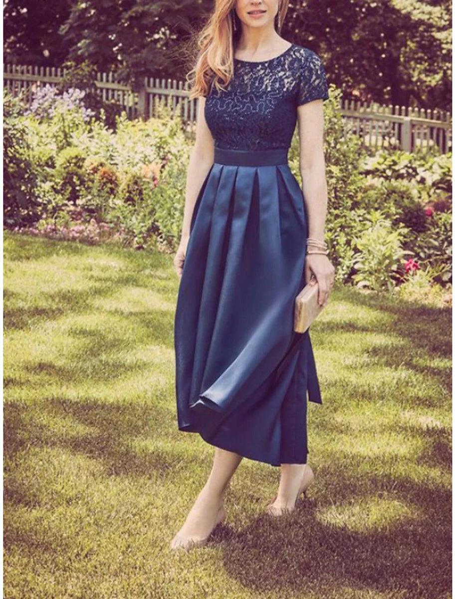 a line scoop neck tea length dresses A-Line Satin Tea-Length Little White Dress COCOMELODY CW3384, 20 Days / Ivory / Custom Size