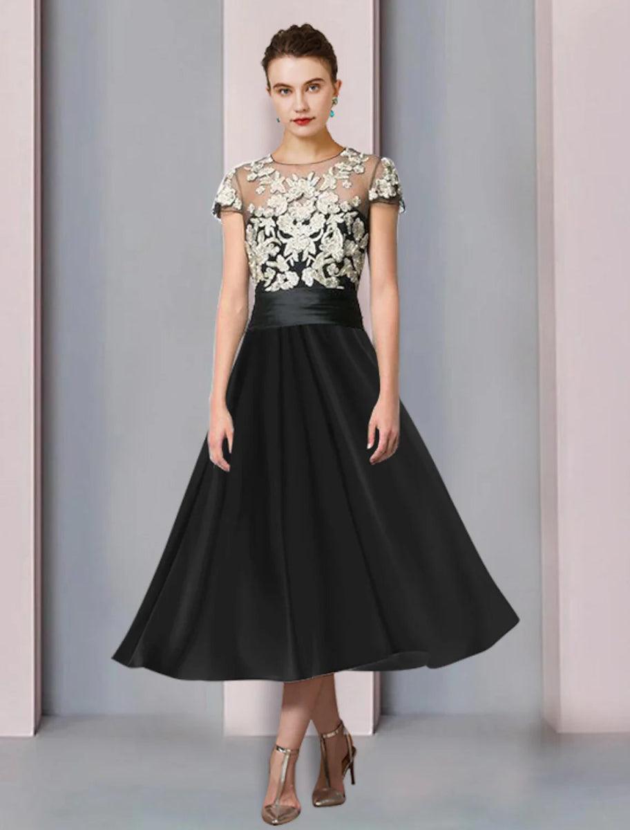 NumberSea-A-Line Mother of the Bride Dress Wedding Guest Party Elegant Scoop Neck Tea Length Satin Short Sleeve with Lace Pleats