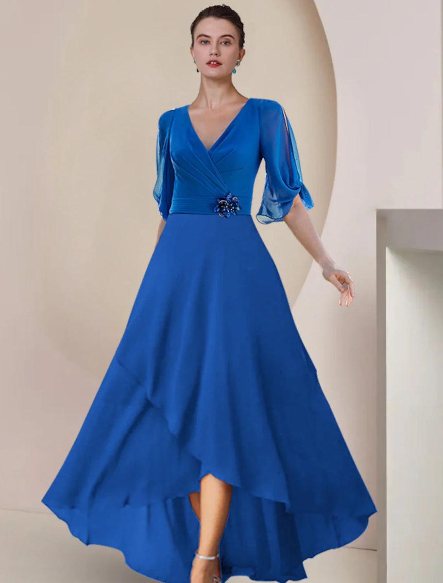 NumberSea-A-Line Mother of the Bride Dress Wedding Guest Party Elegant V Neck Asymmetrical Chiffon Half Sleeve with Crystal Brooch Ruching NumberSea-A-Line Mother of the Bride Dress Wedding Guest Party Elegant V Neck Asymmetrical Chiffon Half Sleeve with Crystal Brooch Ruching
