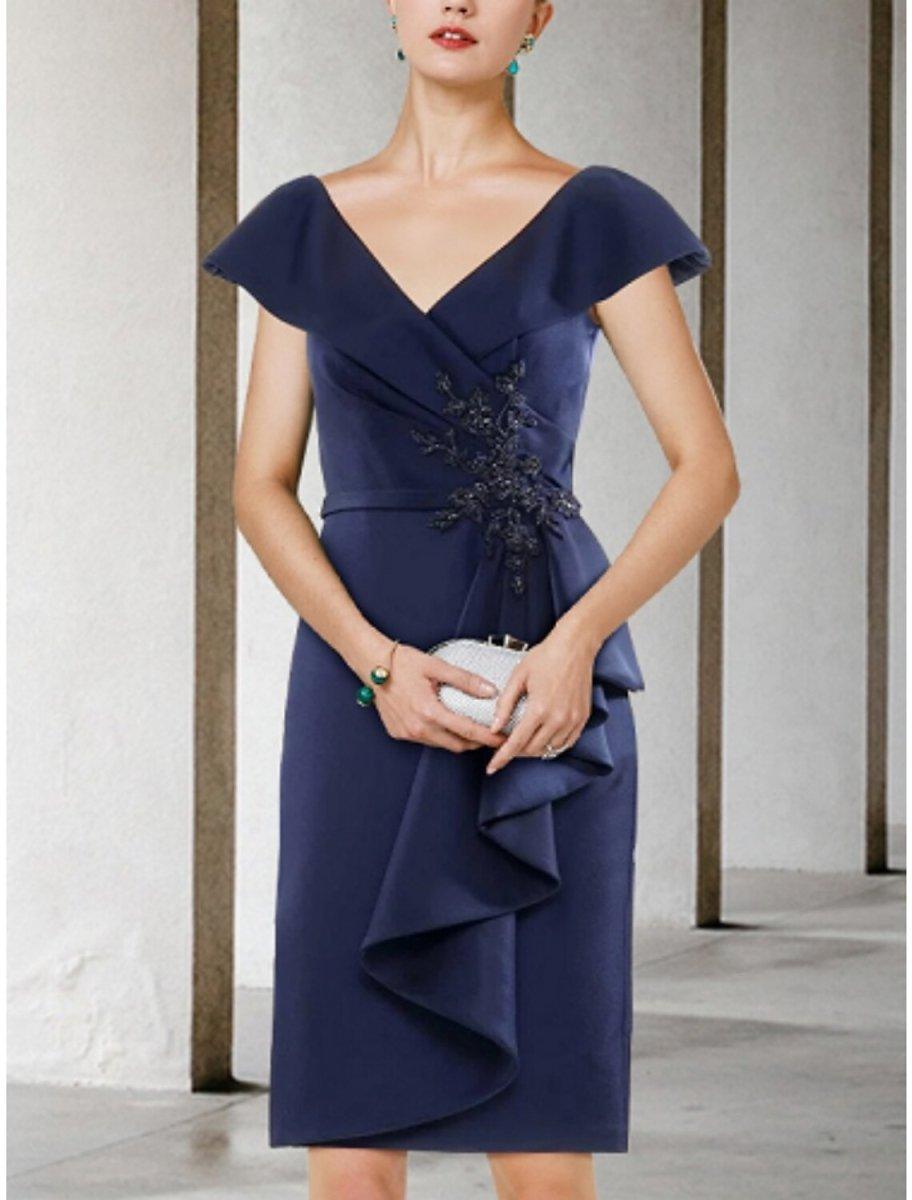 petite mother of the bride dresses short NumberSea-A-Line Mother of the Bride Dress Wedding Guest Petite V Neck Short  / Mini Stretch Chiffon Short Sleeve with Beading Split Front Ruching