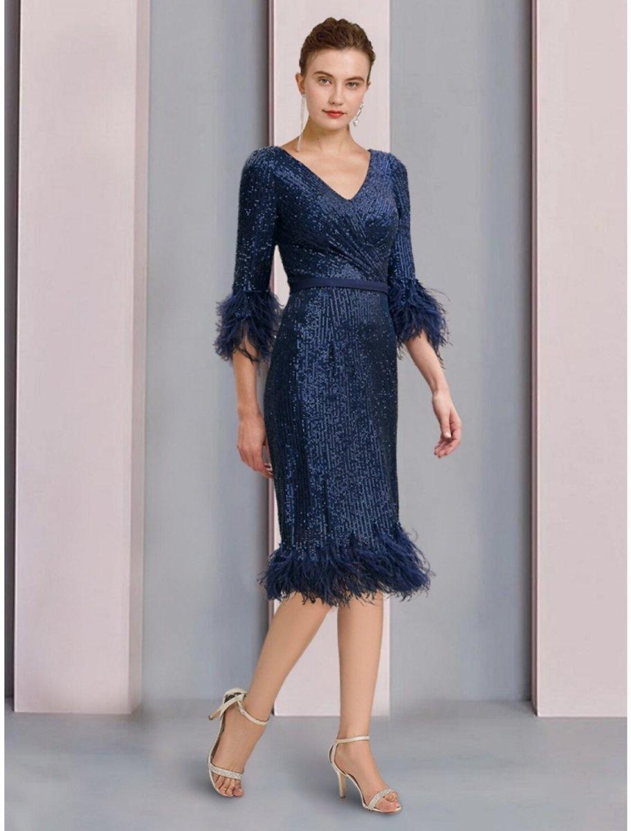 NumberSea-A-Line Mother of the Bride Dress Wedding Guest Sparkle & Shine Petite V Neck Knee Length Sequined Half Sleeve with Feather Ruching Solid 