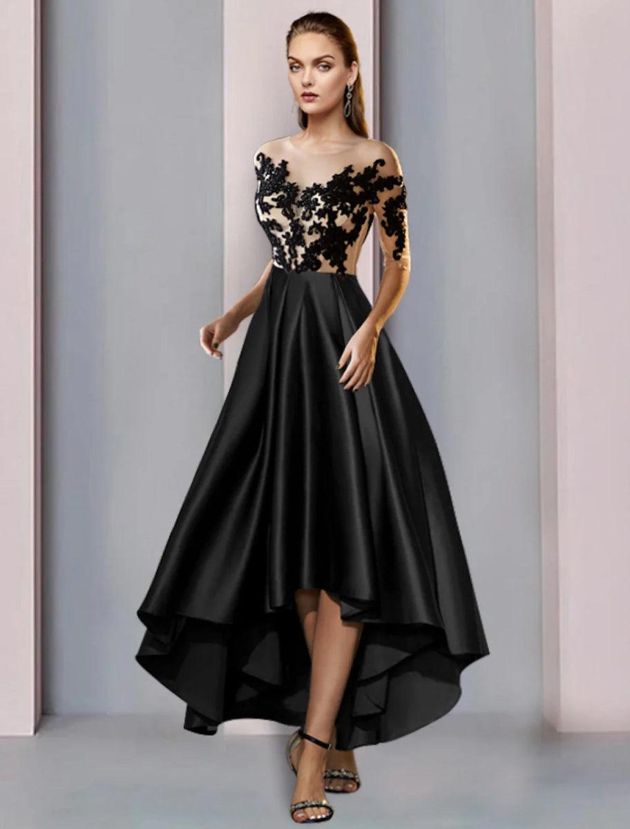 asymmetrical dress wedding guest NumberSea-A-Line Mother of the Bride Vintage Elegant Illusion Neck Satin Lace Half Sleeve with Pleats Rev:OS and evening receptions.. Oversized long sleeves jacquard Color:Black / Nude