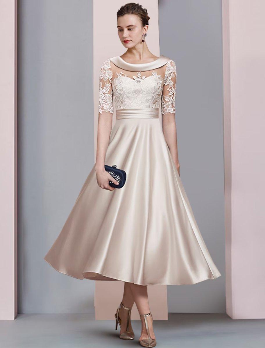 tea length elegant mother of the bride dresses with sleeves Fuchsia 2026 Long Mother of the Bride Dress Long Sleeves Scoop