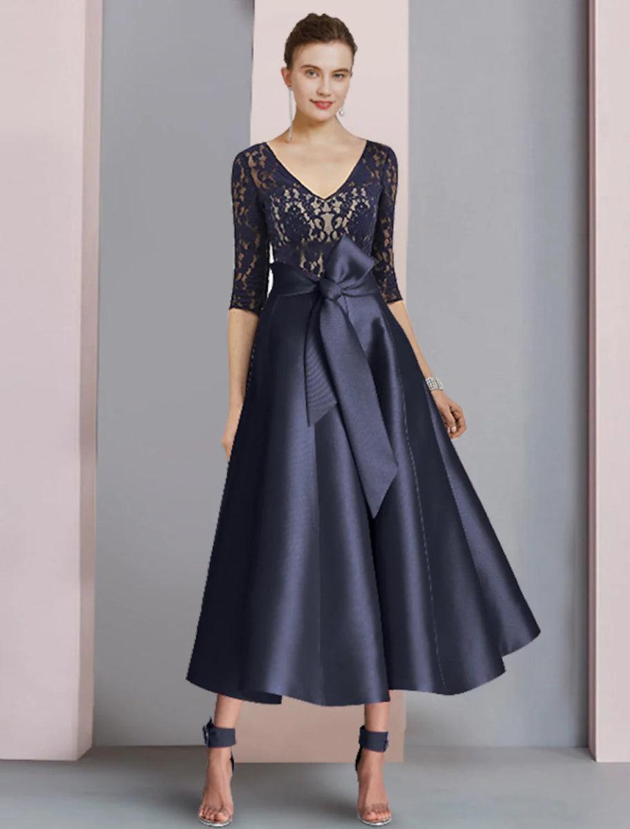 NumberSea-A-Line Mother of the Bride Dress Wedding Guest Vintage Elegant V Neck Ankle Length Satin Lace Half Sleeve with Bow(s) Pleats