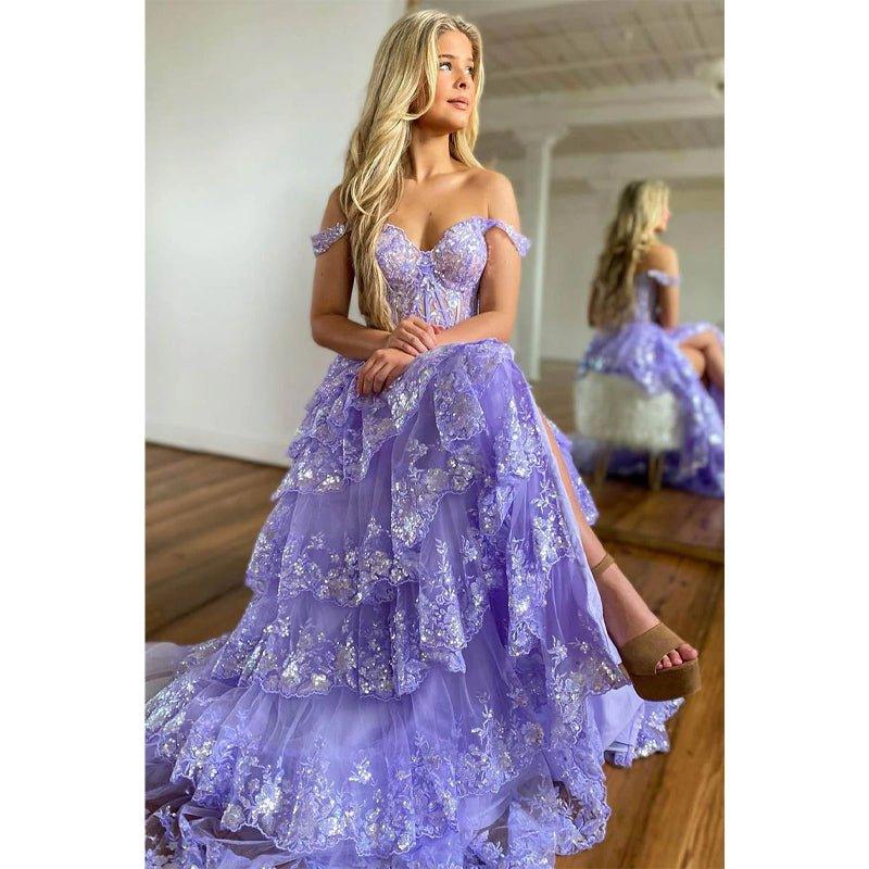 NumberSea-A Line Off Shoulder Lace Tiered Prom Dress with Slit Long Homecoming Dress NumberSea-A Line Off Shoulder Lace Tiered Prom Dress with Slit Long Homecoming Dress
