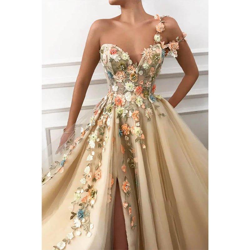 NumberSea-A-line One Shoulder Tulle Appliques Long Prom Dress with Slit NumberSea-A-line One Shoulder Tulle Appliques Long Prom Dress with Slit