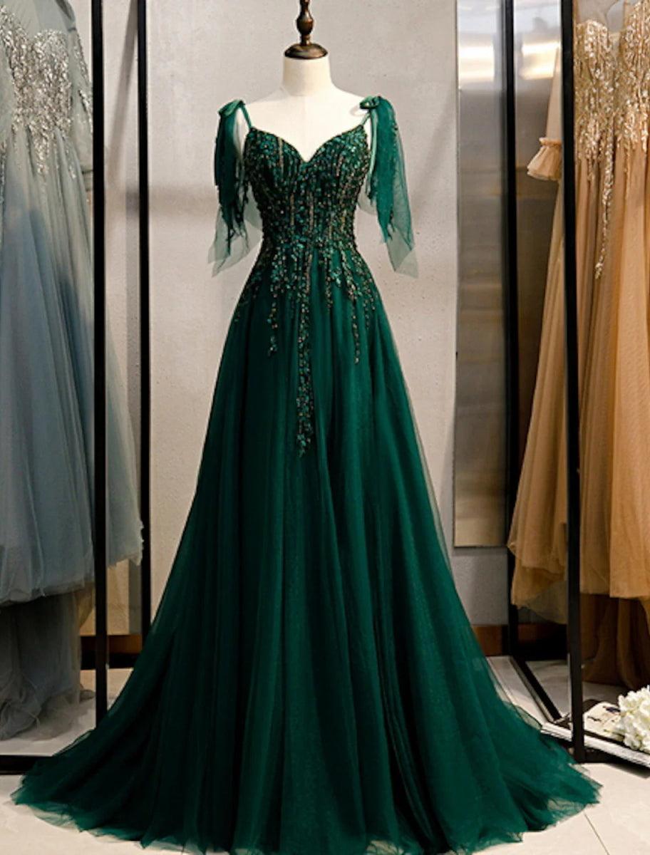 NumberSea-A-Line Party Dress Elegant Engagement Formal Evening Birthday Dress Spaghetti Strap Sleeveless Sweep / Brush Train Polyester with Beading