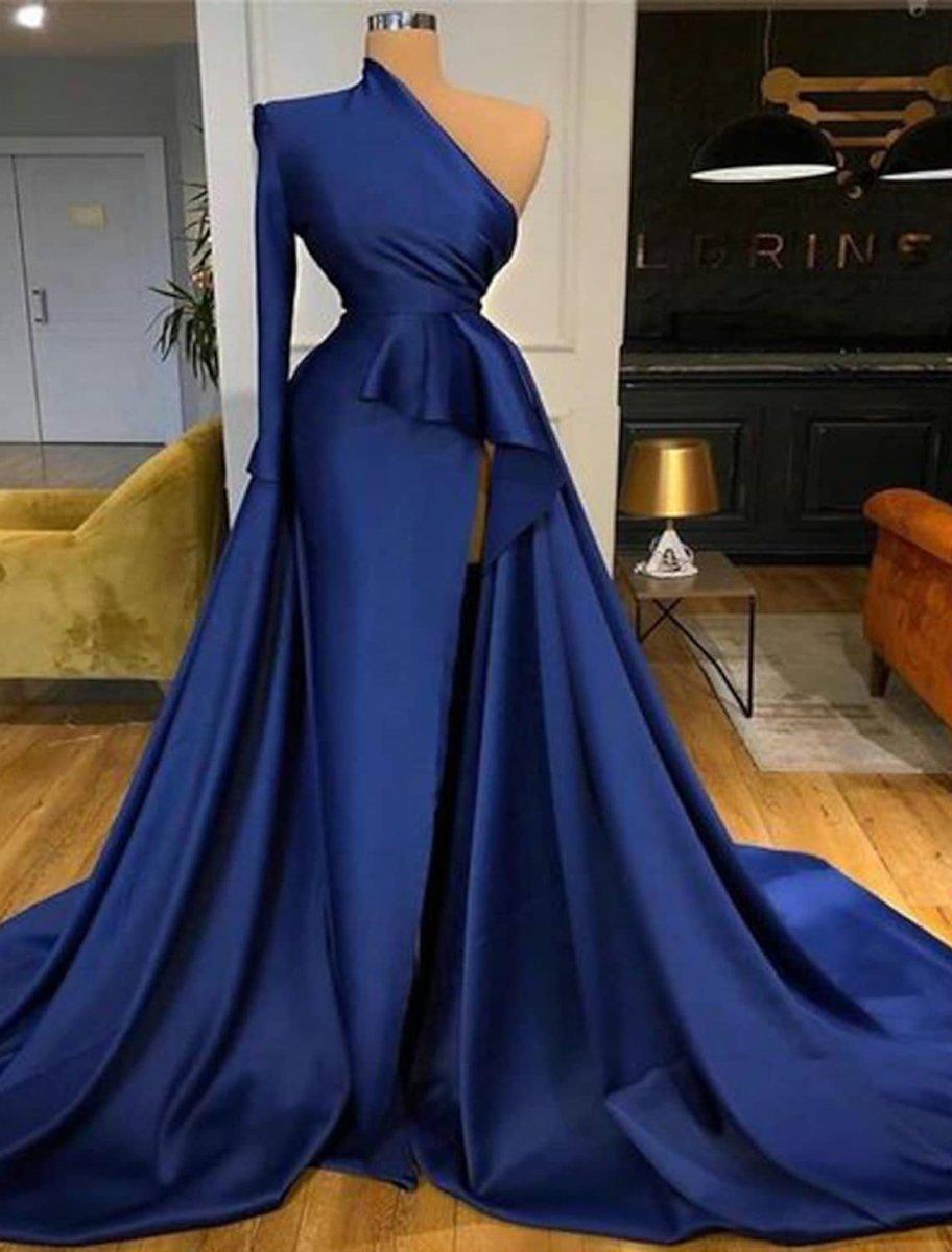 NumberSea-A-Line Peplum Sexy Wedding Guest Formal Evening Dress One Shoulder Long Sleeve Court Train Satin with Ruffles Slit