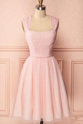 A-Line Pink Tulle Straps Pleats Beading Homecoming Dress Short Prom Dress