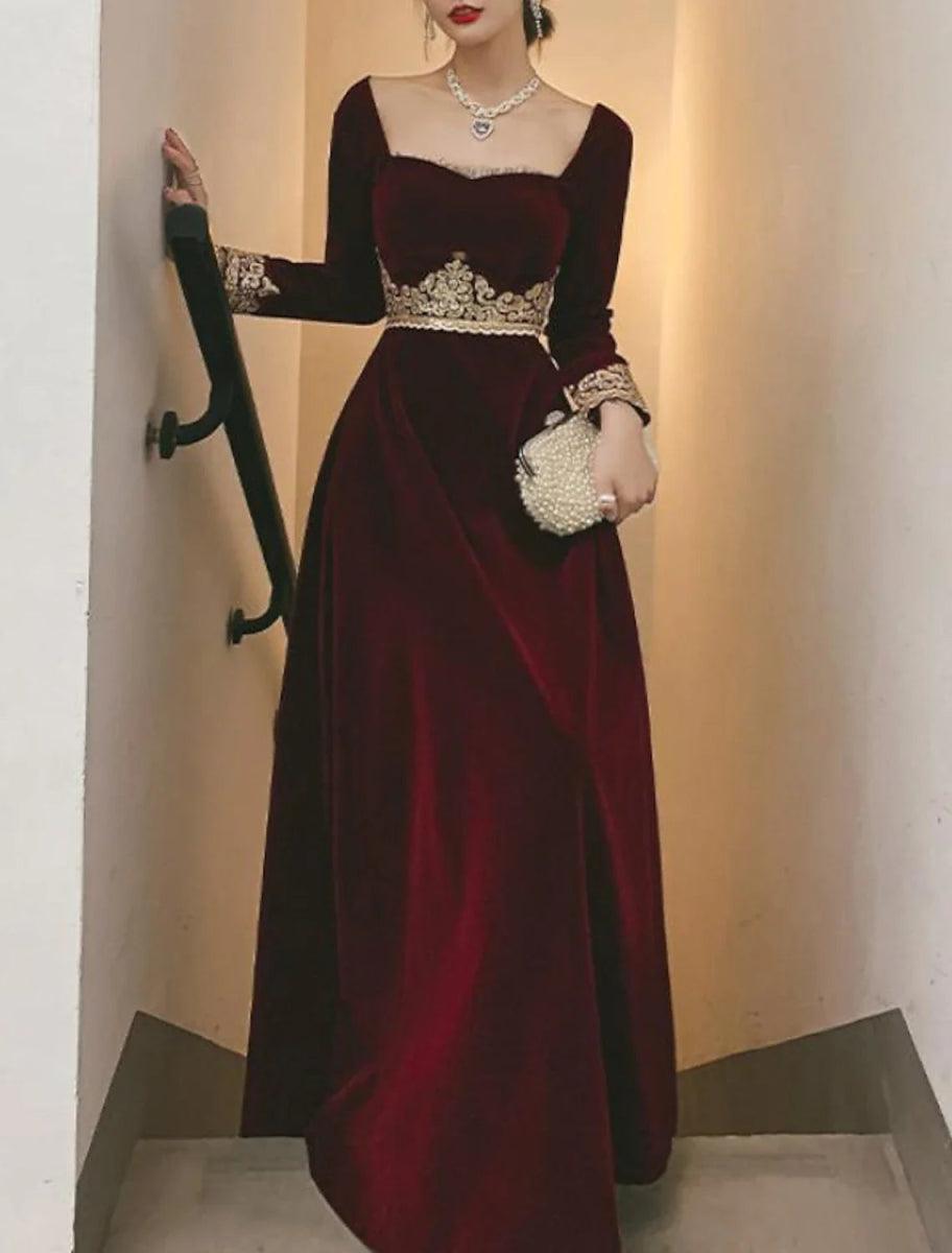 NumberSea-A-Line Prom Black Dress Vintage Dress Halloween Party Wear Floor Length Long Sleeve Scoop Neck Fall Wedding Guest Velvet with Appliques