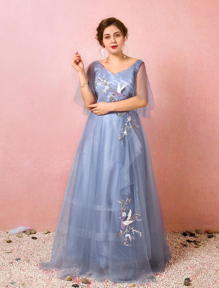 NumberSea-A-Line Prom Dresses Chinese Style Dress Prom Floor Length Half  Sleeve V Neck Satin with Ruched Embroidery