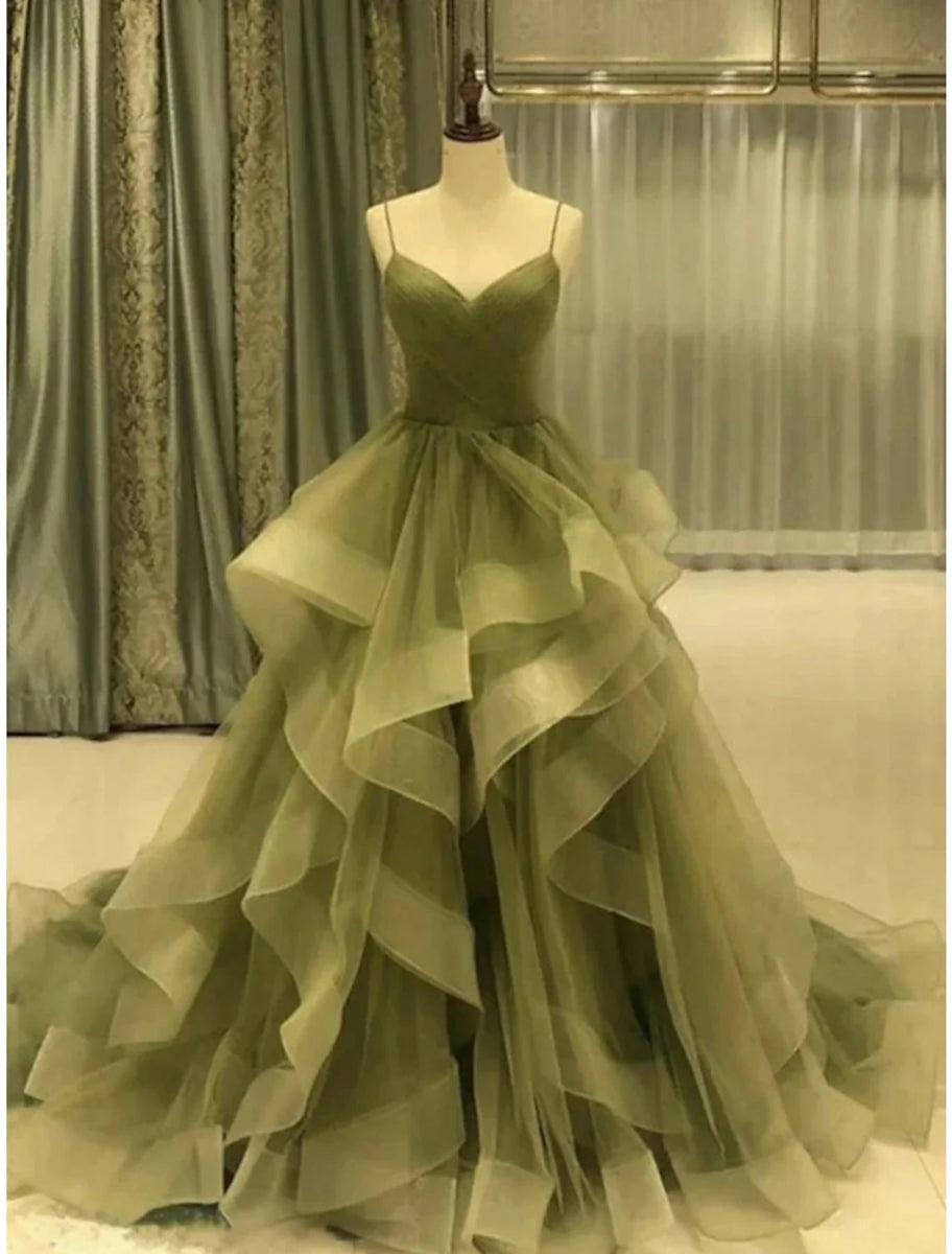 red and green dresses for christmas NumberSea-A-Line Prom Elegant Dress Formal Court Train Dress Sleeveless Spaghetti Strap Tulle with Pleats Ruffles Color:Jade Blue Women's Black Shirt Dresses subcat:mini-dresses any length and pattern
