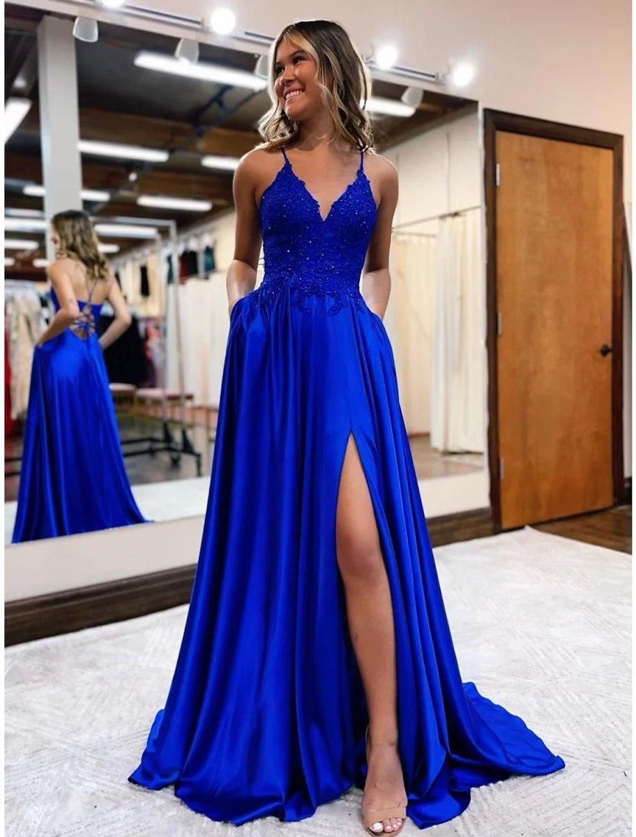NumberSea-A-Line Prom Dresses Empire Dress Formal Court Train Sleeveless V Neck Satin Backless with Beading Appliques