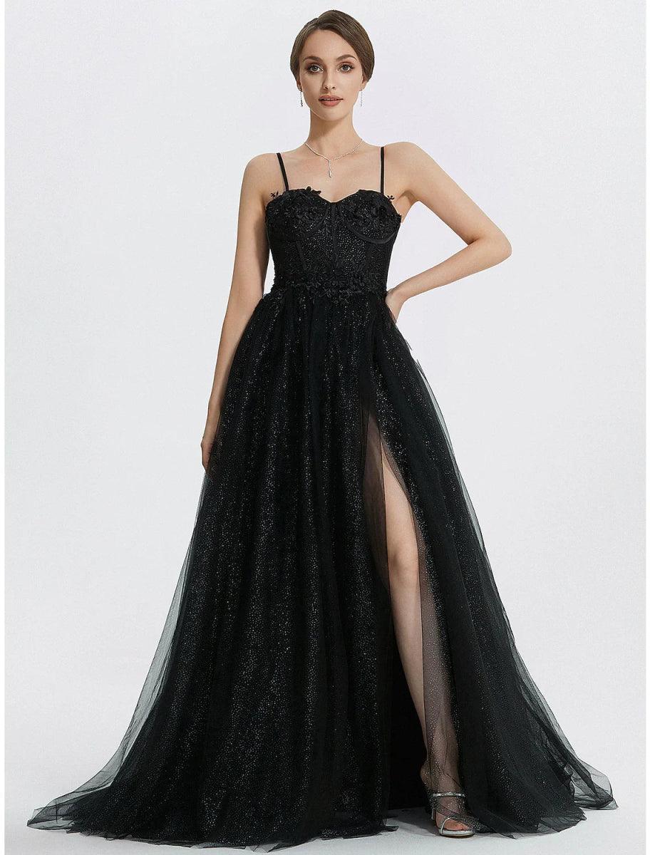 NumberSea-A-Line Prom Dresses Glittering Dress Masquerade photoshoot Floor Length Sleeveless Sweetheart Tulle with Appliques