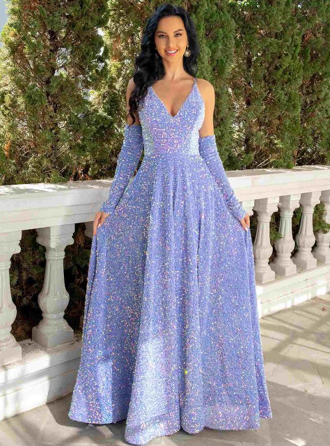 a line dress with pleats NumberSea-A-Line Prom Dresses Party Dress Formal Floor Length Sleeveless V  Neck Sequined with Pleats Sequin