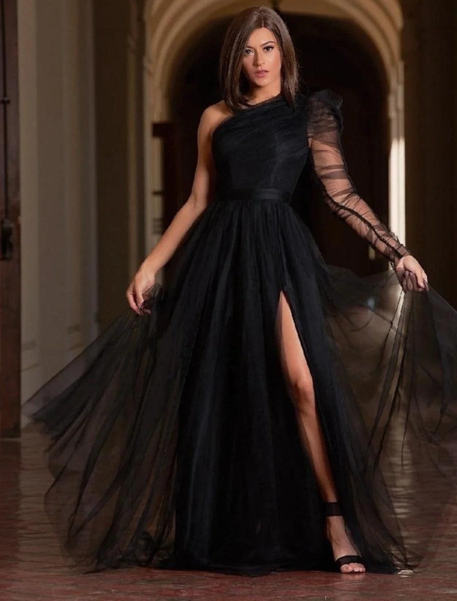 wednesday addams prom dress NumberSea-A-Line Prom Dresses Plus Size Dress Wedding Guest Formal Evening Sweep / Brush Train Long Sleeve One Shoulder Wednesday Addams Family Tulle with Slit Pure Color