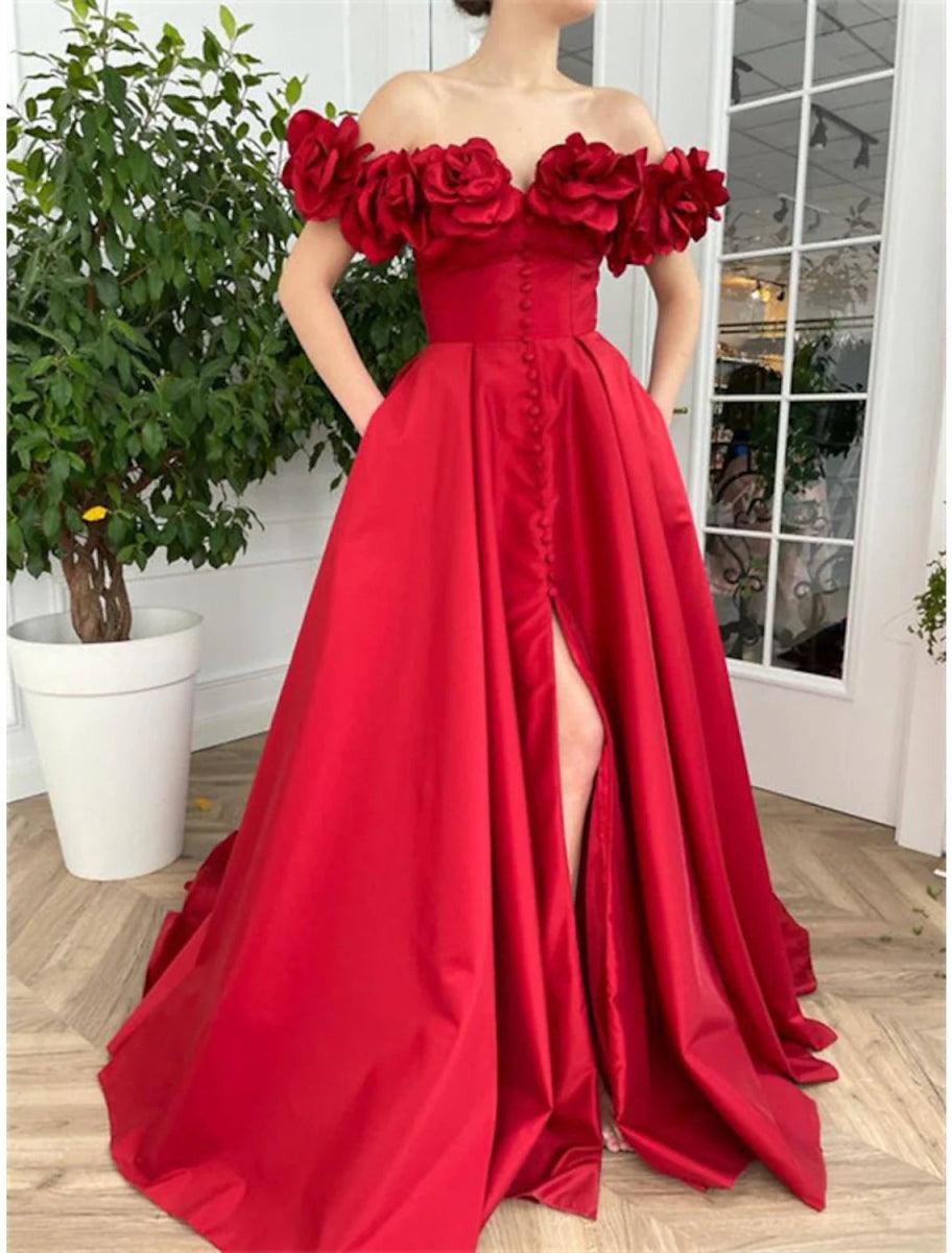 NumberSea-A-Line Prom Dresses Sexy Dress Wedding Guest Wedding Party Court Train Short Sleeve Off Shoulder Taffeta with Buttons Slit Appliques