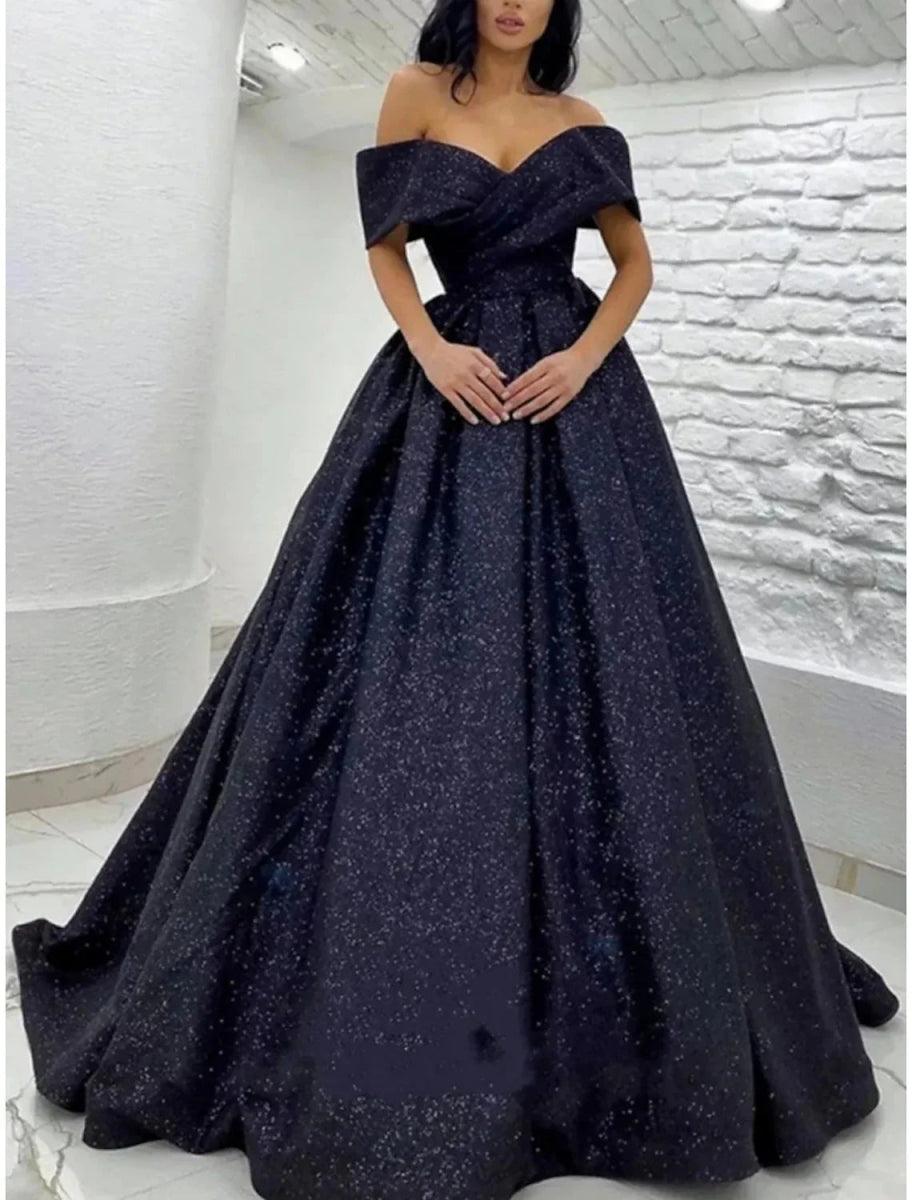 NumberSea-A-Line Prom Dresses Sparkle Black Champagne Gold Dress Black Tie Carival Sweep / Brush Train Short Sleeve Off Shoulder Sequined with Glitter Pleats