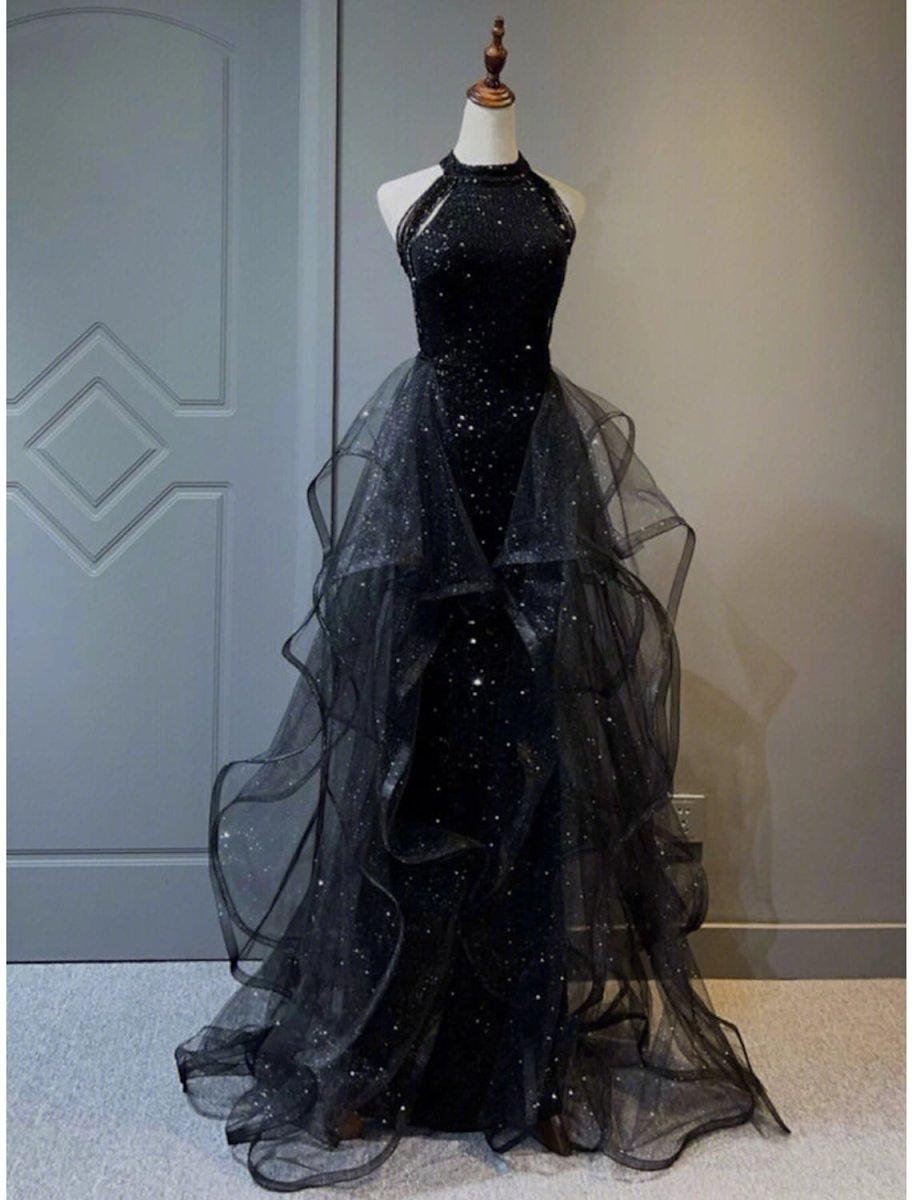 NumberSea-A-Line Prom Dresses Sparkle & Shine Dress Wedding Party Sweep / Brush Train Sleeveless Halter Wednesday Addams Family Sequined with Crystals Sequin Ruffles