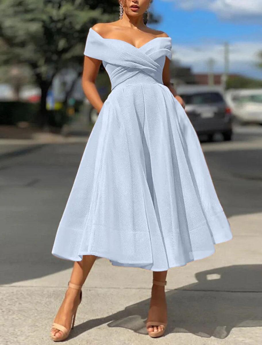 NumberSea-A-Line Prom Dresses Vintage Dress Wedding Guest Summer Tea Length Sleeveless Off Shoulder Organza Backless with Ruched Sky Blue NumberSea-A-Line Prom Dresses Vintage Dress Wedding Guest Summer Tea Length Sleeveless Off Shoulder Organza Backless with Ruched Sky Blue