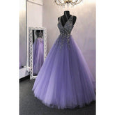 NumberSea - A - line Purple Tulle Beaded Long Prom Dress Formal Evening Gowns