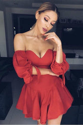 A-Line Red Satin Off the Shoulder Puff Sleeve Homecoming Dress