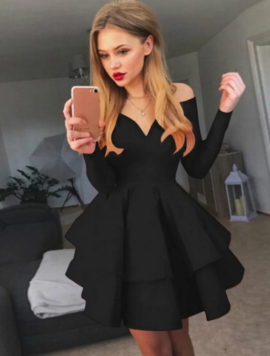 NumberSea-A-line Ruched Homecming Dresses Black Red White Long Sleeve Layered Tiered Short Dress Spring Summer Off Shoulder Hot Cocktail Party US 8 / NumberSea-A-line Ruched Homecming Dresses Black Red White Long Sleeve Layered Tiered Short Dress Spring Summer Off Shoulder Hot Cocktail Party US 8 /