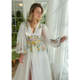 NumberSea - A Line Sexy Deep V Neck Appliques Long Sleeves Elegant Prom Party Dress with Slit