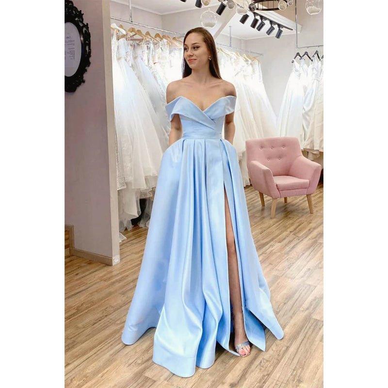 off the shoulder prom dress with pockets NumberSea-A-line Sky Blue Satin Off-the-shoulder High Split Long Prom Dress  with Pockets