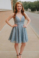 A-Line Spaghetti Straps Backless Above-Knee Blue Lace Homecoming Dress