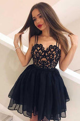 A-Line Spaghetti Straps Black Chiffon Homecoming Dress with Appliques