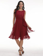 NumberSea - A - Line Special Occasion Dresses Hot Dress Holiday Homecoming Knee Length Sleeveless Jewel Neck Chiffon with Draping Lace Insert